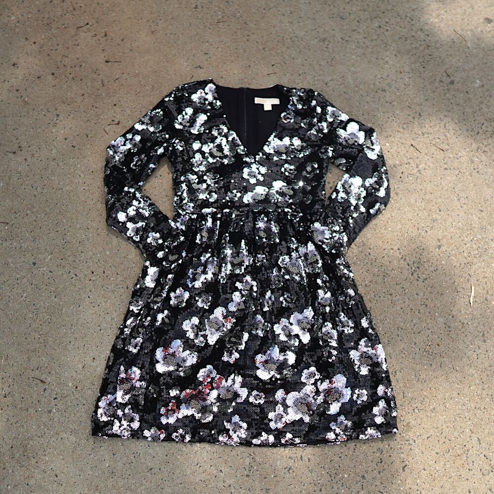 Michael Kors Black Silver Sequin Floral Dress Size 2 Long Sleeve Glitter Mini